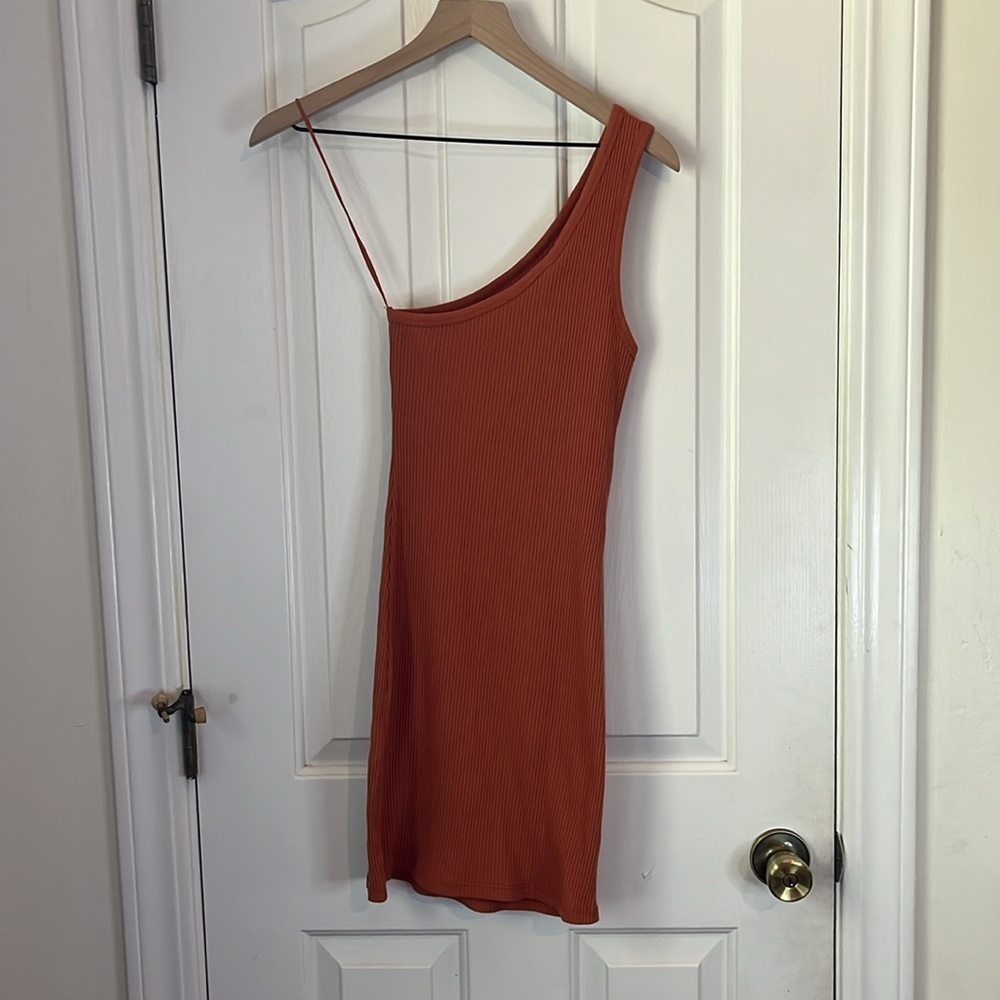 NWT Spell | One Shoulder Ribbed Cotton Mini Dress Burnt Orange Small Boho 70s - Picture 3 of 9